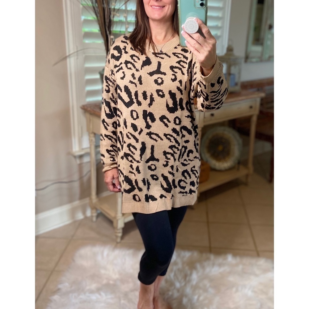 Oversized Leopard Bishop Sleeves Crew Neck Tunic Sweater Khaki Black 2819 - Picture 3 of 8